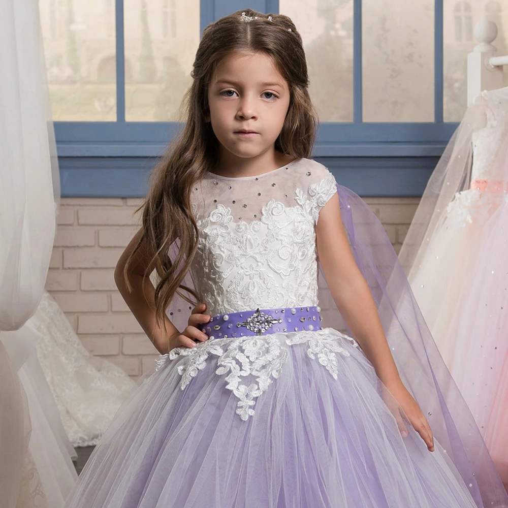 New Arrival Purple Flower Girl Dresses Ball Gown O-Neck Sleeveless Beading Formal First Communion Gowns Vestidos Longo Hot