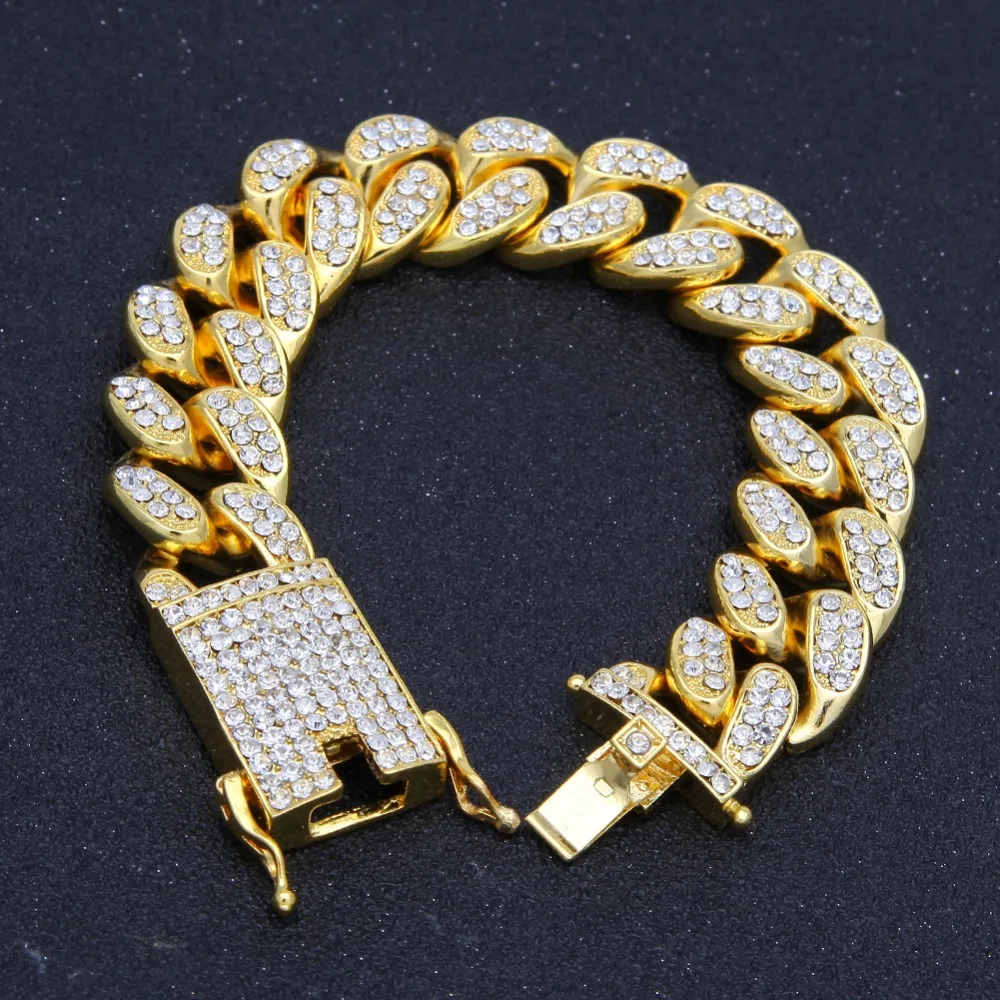 2 см в стиле хип-хоп, золотой цвет, со льдом, кристалл, кубинская цепочка, золото, серебро, ожерелье и браслет, набор,, король хип-хоп