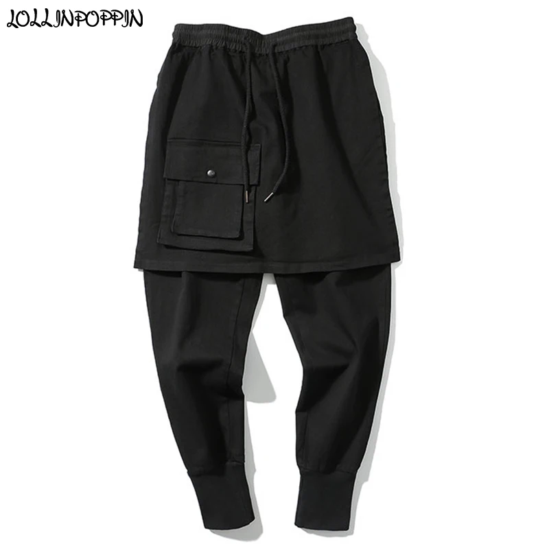 Mens Black Cargo Pants Front Apron Design Drawstring Elastic Waist Jogger Pants Cotton Twill Punk Pants Harajuku Streetwear 