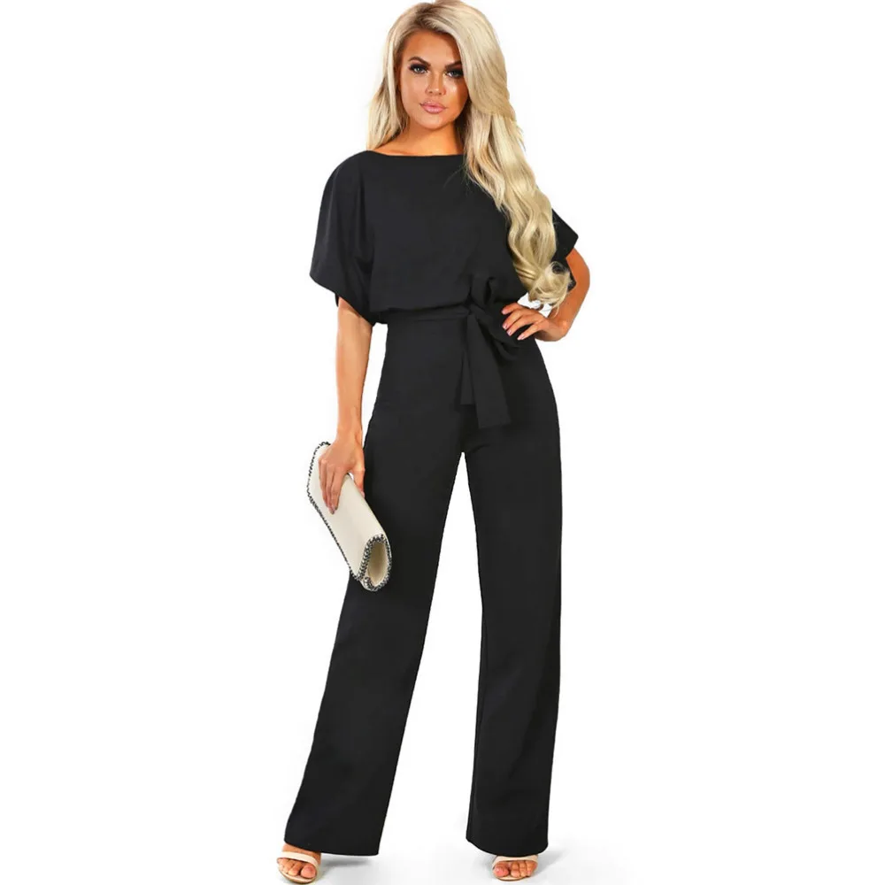 Fashion & Charm Women's Black Bodysuits Polyester Rompers Women Jumpsuit Short Sleeve Bow Body Mujer Casual Straight Overalls