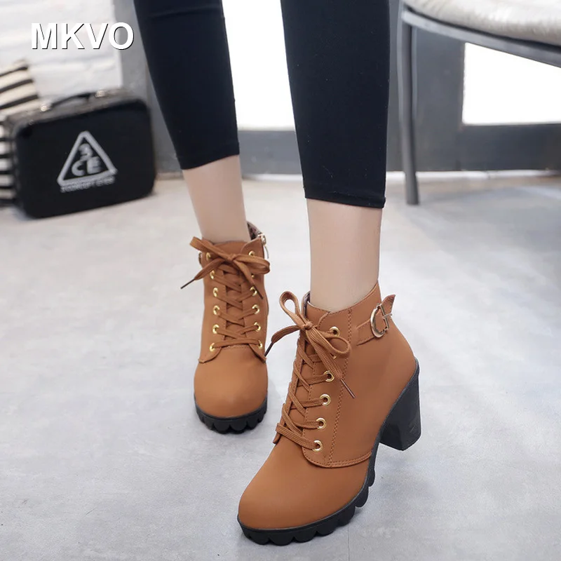 

2019 New Thick Heels High Shoes Women Heels Spring and winter Hot Women's lacing short Boots Thick Heels and Martins Boots 35-42