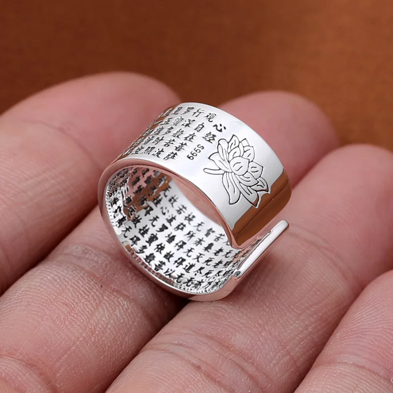 

Real 925 Sterling Silver Rings Lotus Wide Rings For Men And Women Heart Sutra Engraved Chinese Words Buddhism Jewelry