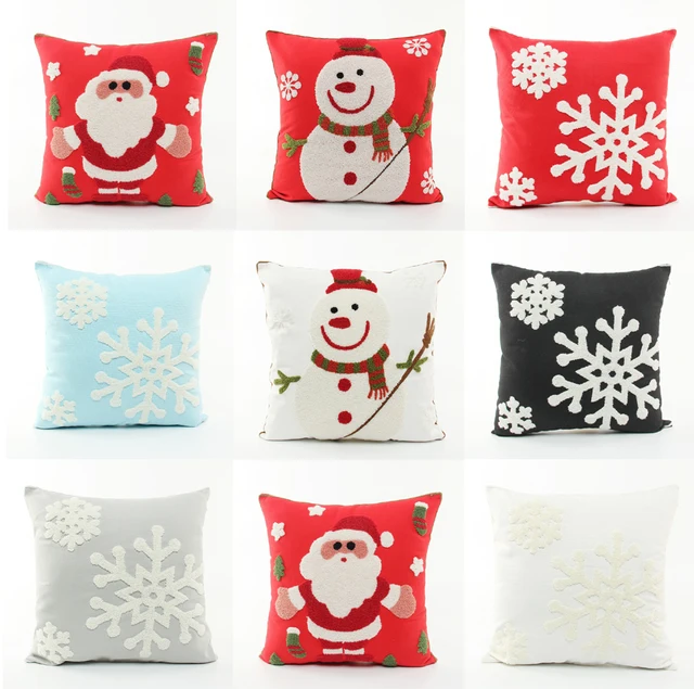 Embroidery Merry Christmas Festival Cushion Cover Embroidered Santa Claus Snowman Snowflakes Cushions Covers Sofa Pillow Case