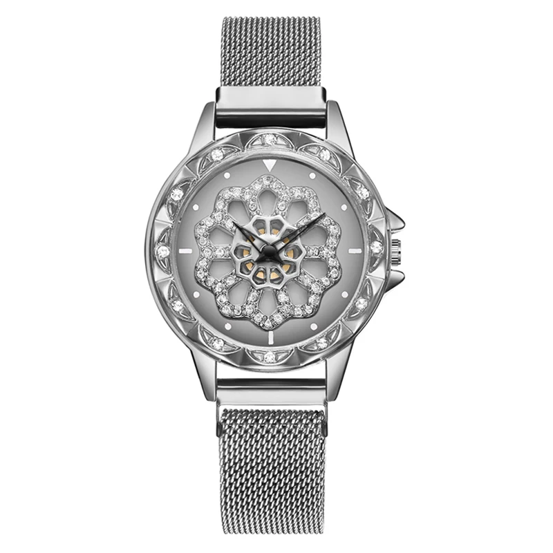 

Women Lucky Quartz Watch Rotatable Lotus Dial with Magnetic Buckle Alloy Mesh Band LXH