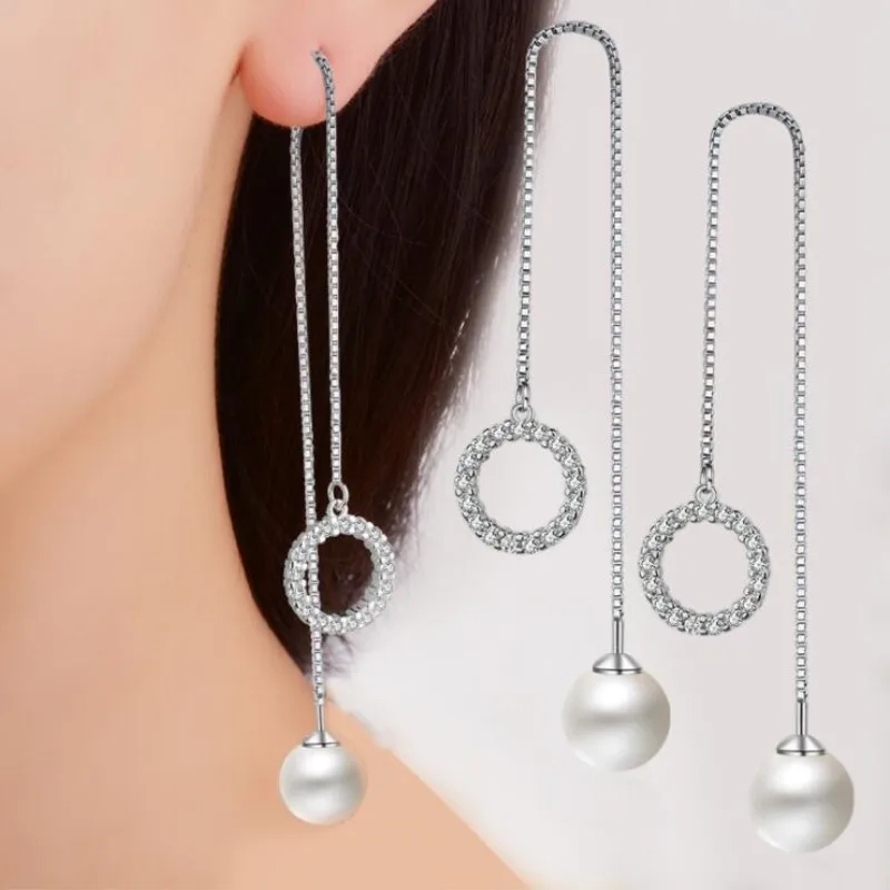 

Personality Geometric Crystal Round Female 925 Sterling Silver Jewelry Fashion Long Tassel Pearl Ball Dangle Earrings SE376
