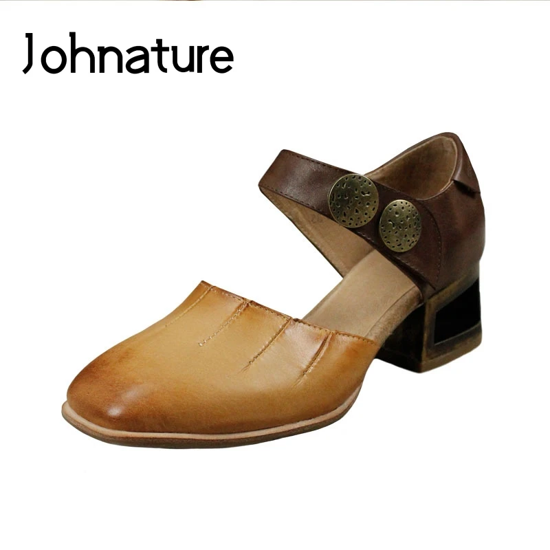 

Johnature 2019 New Summer Retro Square Toe Genuine Leather Casual Metal Decoration Med Heel Hook & Loop Lady Shoes Pumps