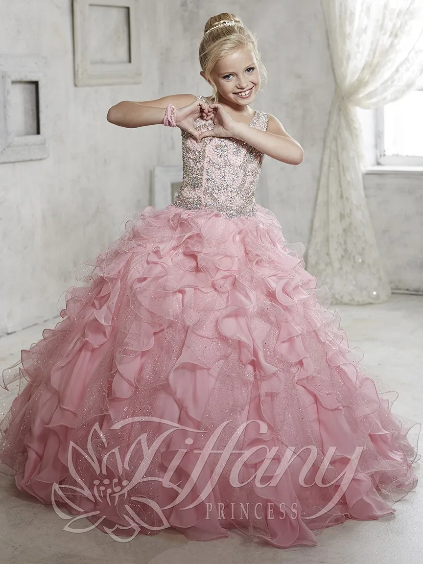 

Hot Pink Ball Gown Flower Girl Dresses Sequins Beading Floor Length Ruffles Princess Communion Birthday Dress Pageant Dress