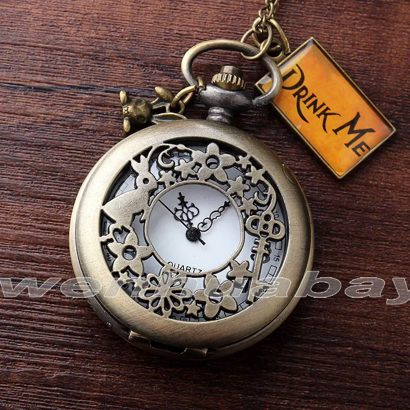 2015 New Arrived Bronze Hollow Rabbit with Flower Pocket Watch Drink Me