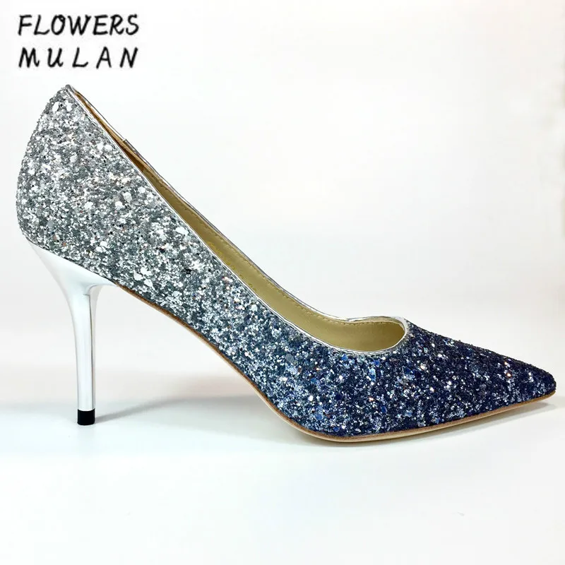 

Gradient Mixed Color Sequined Leather High Heels Pumps Elegant Pointed Toe Slip On Women Shoes Crystal Wedding Shoes Woman