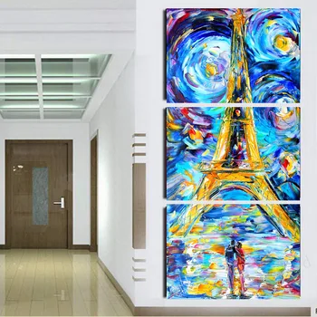 

3 pieces handmade painting reproduction Lovers going to Eiffel on oil canvas for home decor and wallpaper