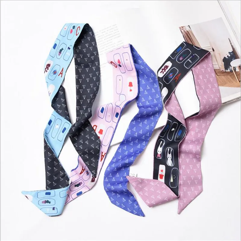 

2019 New Flower Patchwork Purple Blue Pink Silk Scarf Women Skinny Scarves Women Handle Bag Ribbons Head band Long Ties Scarf