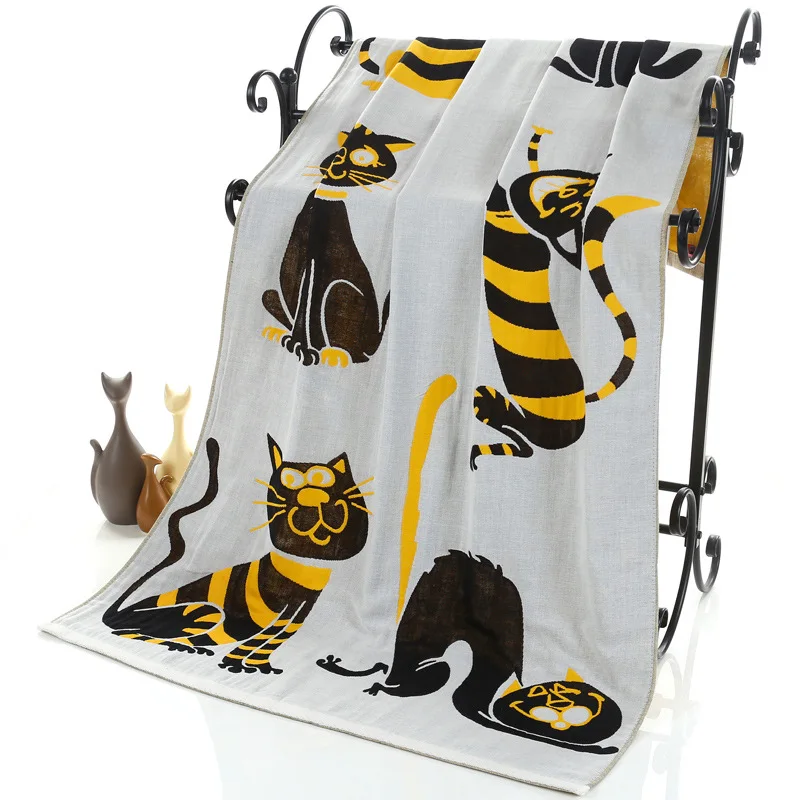 Хлопковое Марлевое банное полотенце для взрослых с милым котом, домашний текстиль, большое полотенце, банный халат для кемпинга, спортивное пляжное полотенце, детское одеяло