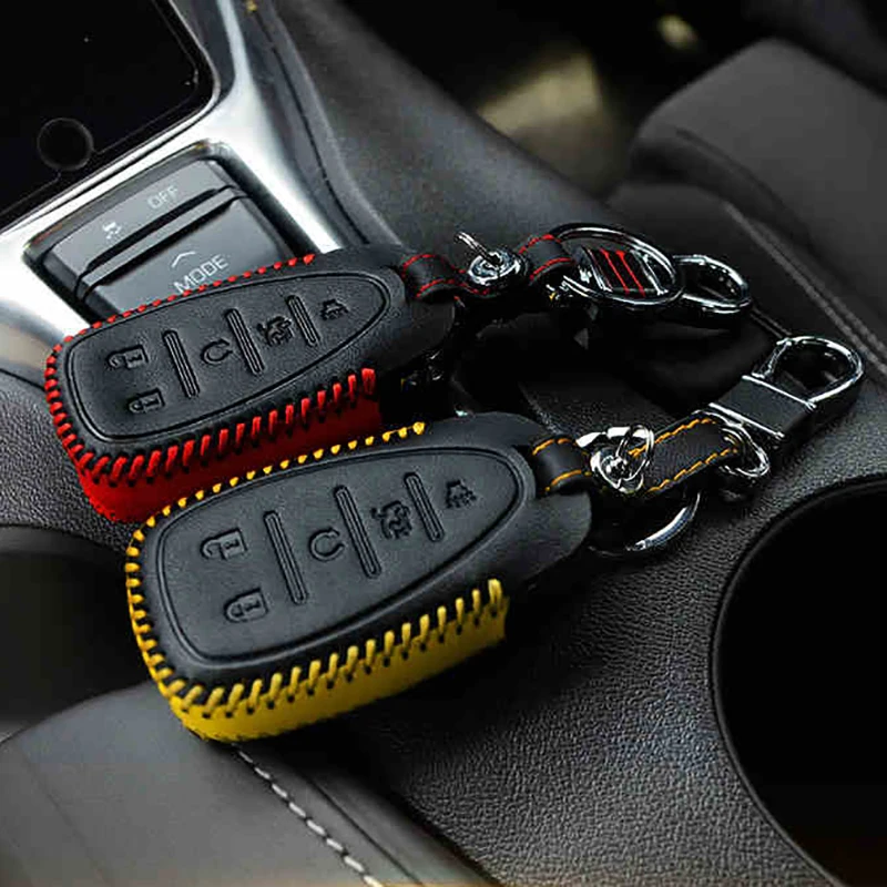 

QHCP Genuine Leather + Zinc Alloy Car Key Cover Case Set Keychain For Chevrolet Camaro 2016-2017