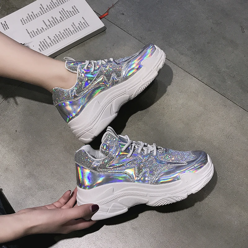 

2019 Woman Casual Shoes Platform Sneakers Silver Fashion Sequins Breathable Shoes Female Sneakers Sequins Bling Footwear 5cm