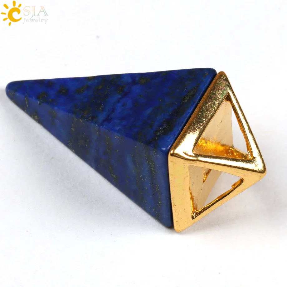 CSJA Lovers Рейки Чакра Пирамида маятник натуральный камень ожерелье Кулон европейские ювелирные изделия шестиугольник Мода Кристалл столб E103 - Окраска металла: Lapis Lazuli