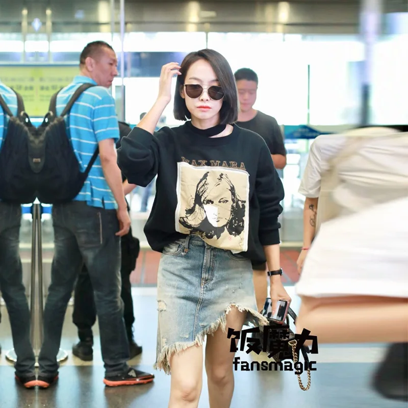 

Songqian The Same Woman 2019 New Medium Long Loose Large Code Black Guard Clothes Woman Clothes Print O-Neck black Sweatshirt
