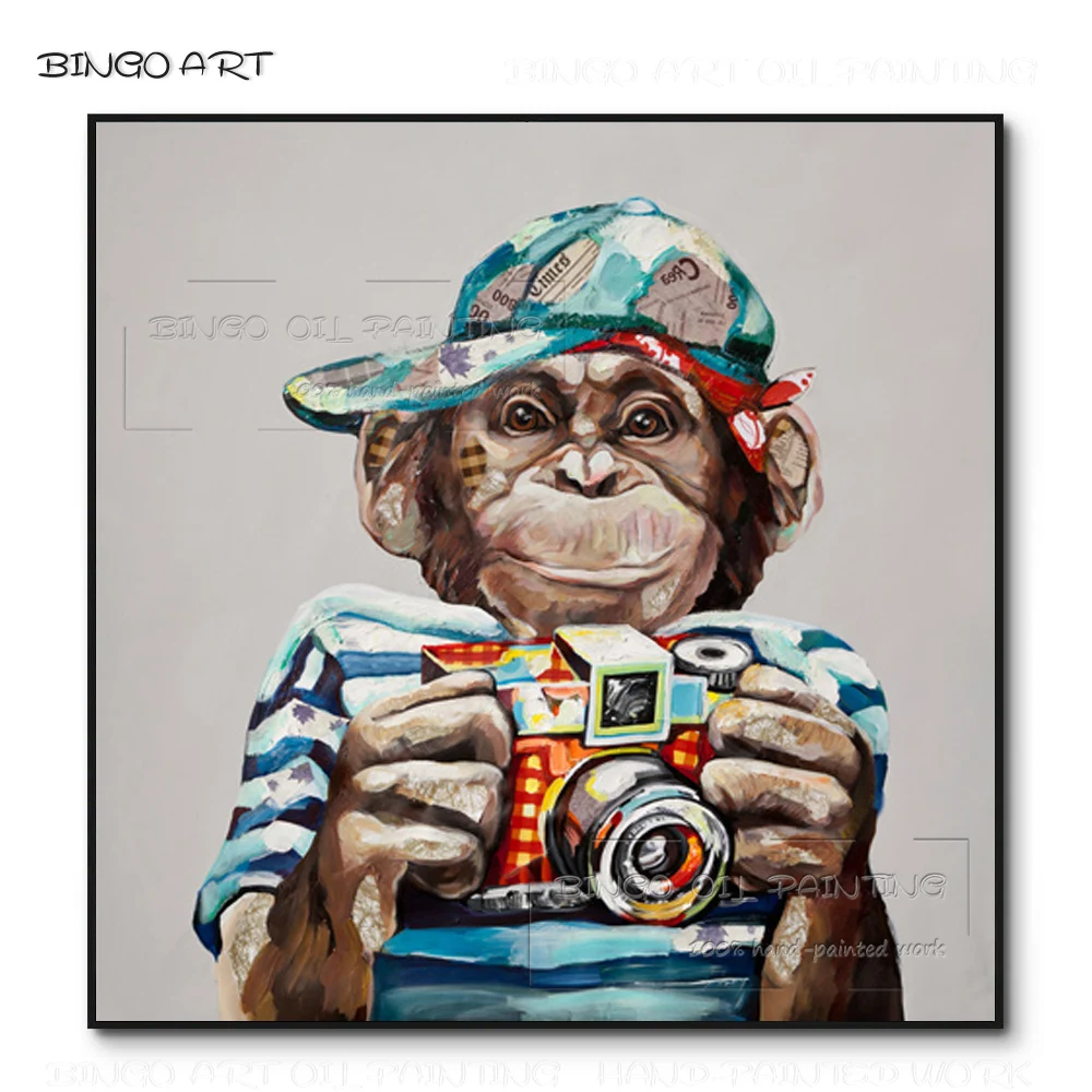 

Handmade High Quality Animal Funny Double Monkey take Photo Oil Painting on Canvas Lovely Monkey Take Photograph Oil Painting