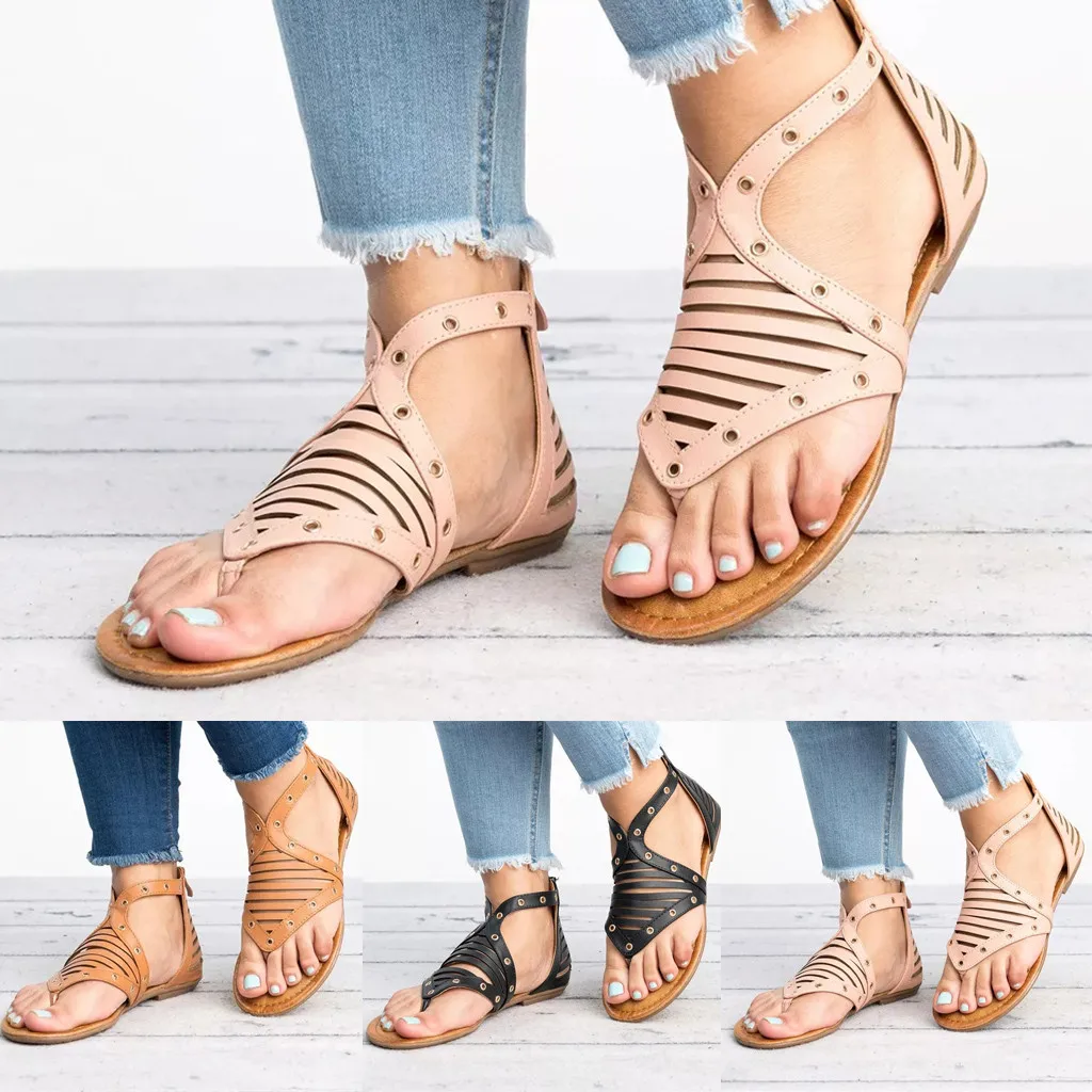 

Summer Flats with Rivets Sandals Women's Clip-Toe Roman Style Zipper Shoes Party Peep Toe Low Heel Beach Female mujer slides