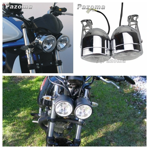

PAZOMA Hot Chrome 12V Twin 3.5" Dominator Headlight Brackets GSF1200 Bandit 28-34mm Forks Bobber SV Head Lamp