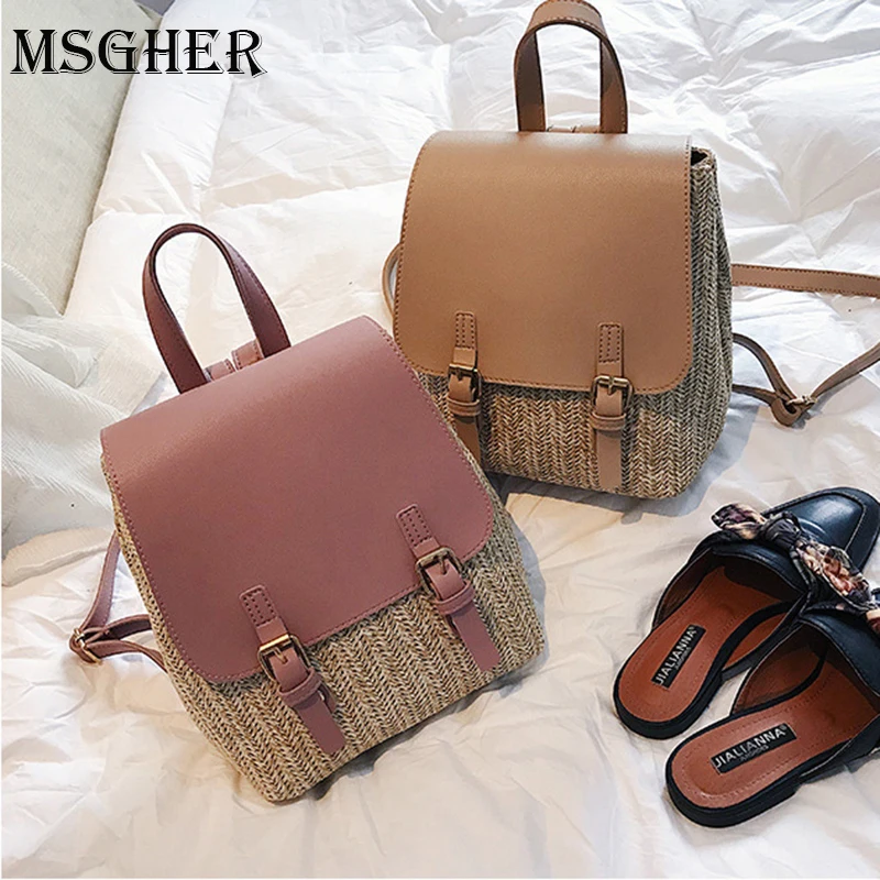 

MSGHER Straw Woven Backpack Women Back Pack Summer Teenage Girl Quality Backpacks Travel Bags Books Rucksack Drop Ship