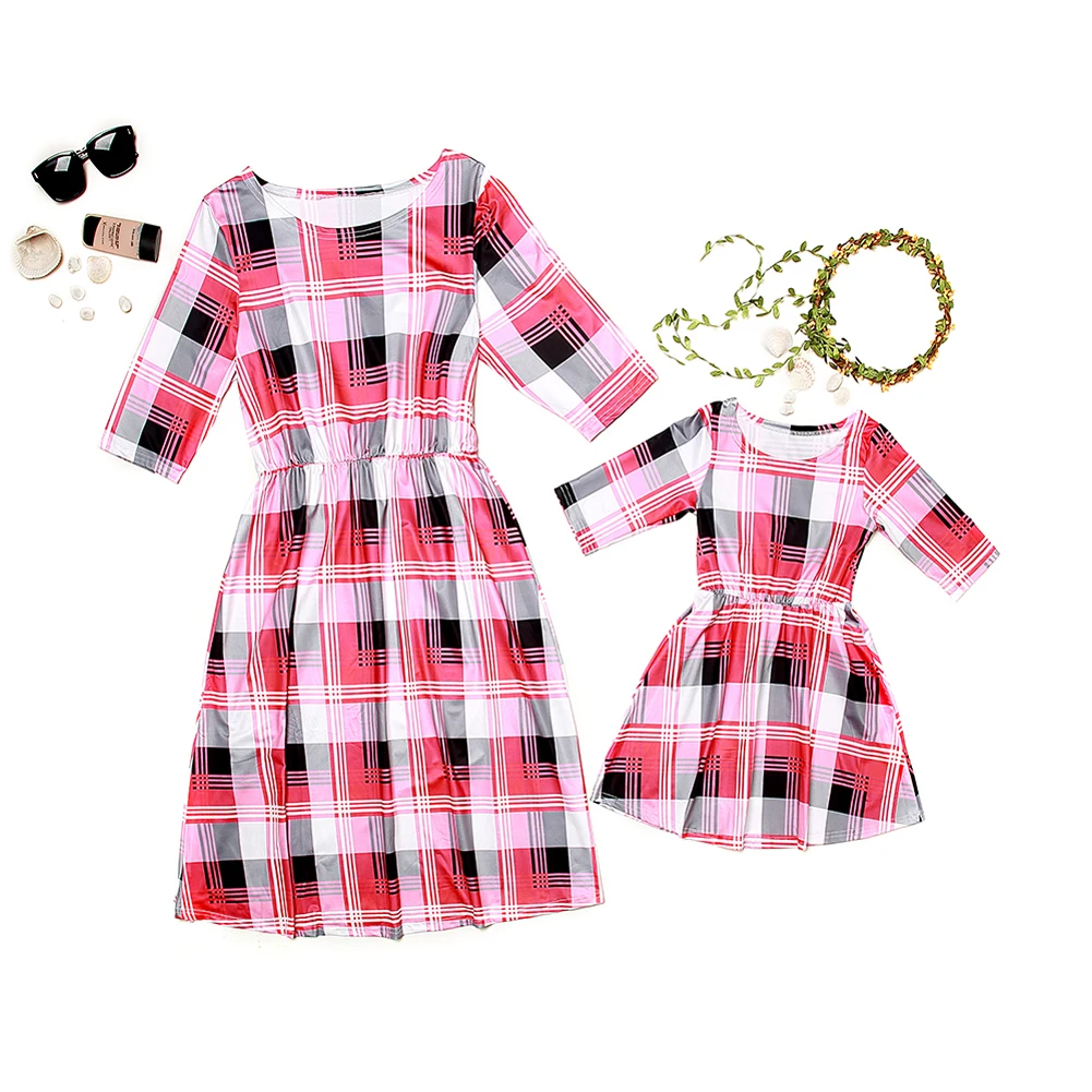 Mommy and Me Family Matching Dress Mother Daughter Plaid Sundress for Kid Women