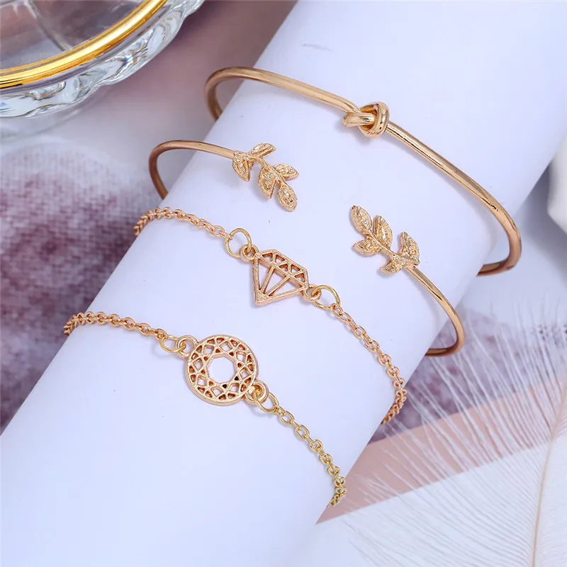 

2019 New Fashion Gold Leaf Bangle 4pcs/Set For Women Tree Leaf Shape Open Bracelets Set Wholesale Men And Women Gift Jewelry