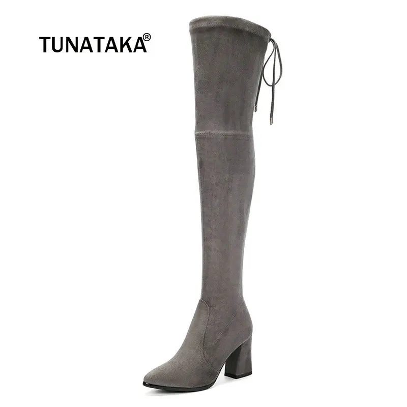 

Women Suede Comfort Square Heel Over The Knee Boots Fashion Pointed Toe Autumn Elastic Boots Black Gray Brown