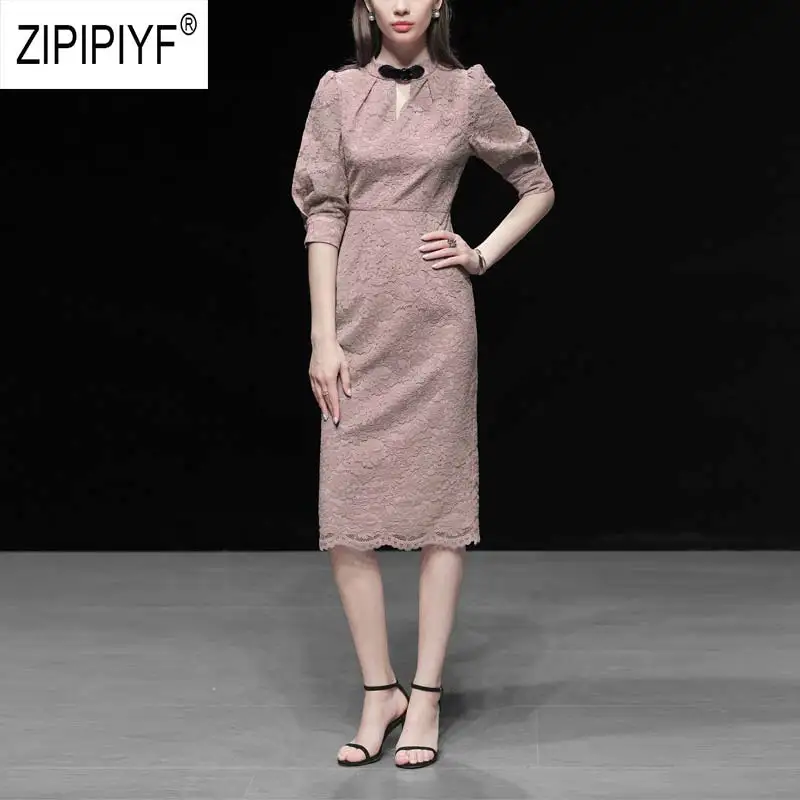 Pink Женские вечерние сексуальные платья для ночного клуба, облегающие кружевные платья-карандаш с коротким рукавом-фонариком и стоячим воротником, повседневные платья Z1162 - Цвет: Pink