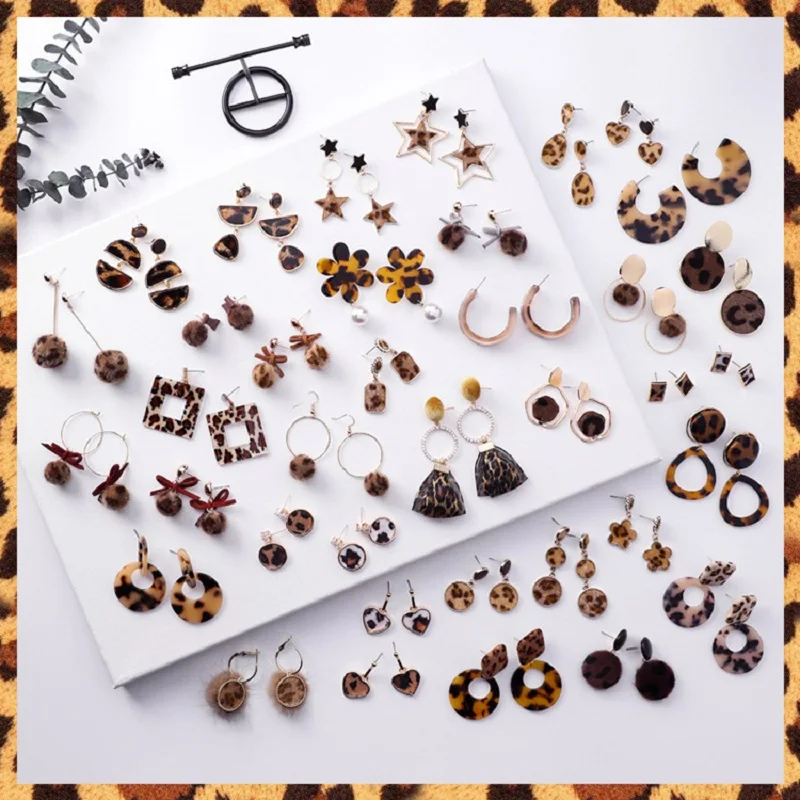 

2019 Vintage fashion geometric stars heart acrylic long dangle earrings sexy leopard resin circle jewelry for women pendants