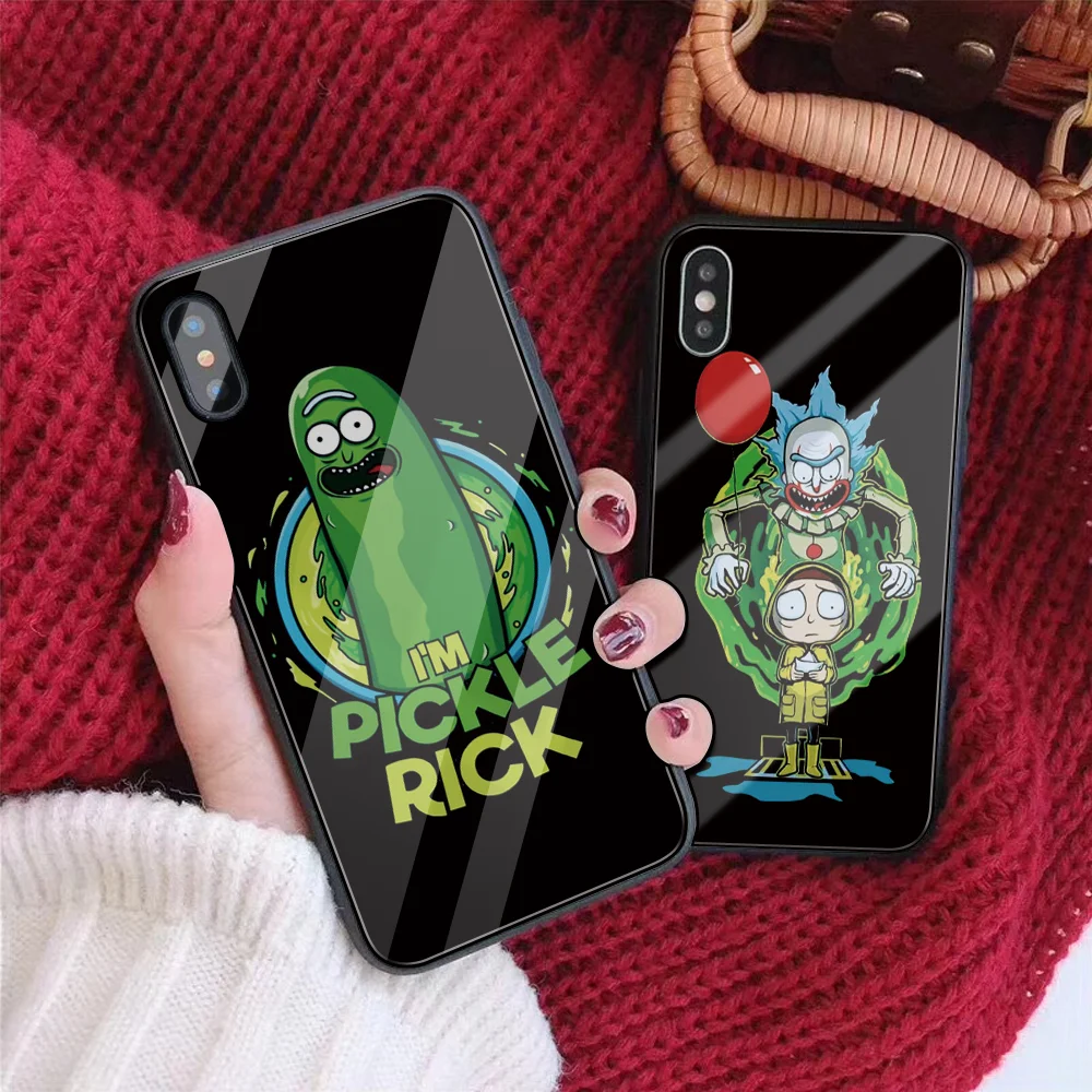 Rick marty Pickle чехол из закаленного стекла для телефона для iphone 8 7 6s X Plus Чехол под заказ DIY задняя крышка для iphone XR XS 11 Pro MAX