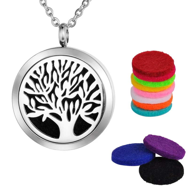 

VALYRIA 1PC Dull Silver Tone Stainless Steel Tree of Life Round Magnetic Lock Aromatherapy Essential Oil Diffuser Necklace 30mm