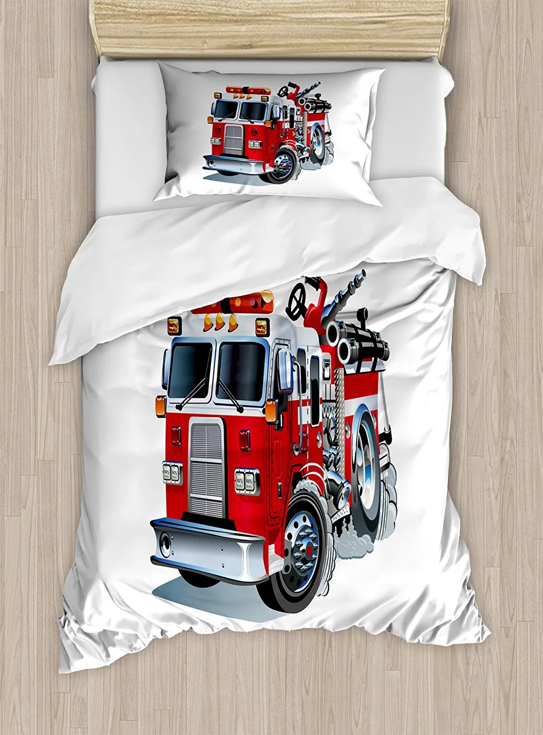 

Truck Duvet Cover Set Fire Brigade Vehicle Emergency Aid For Public Firefighter Transportation Themed Lorry, 4 Piece Bedding Set