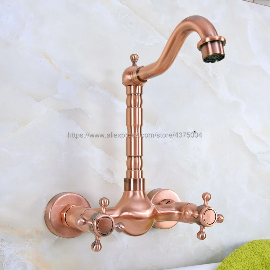 Antique Red Copper Kitchen Bathroom Basin Sink Faucet Vessel Tap Mixer Tap Dual Handles Wall Mounted Nnf945