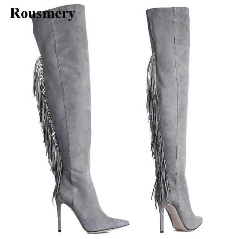 Estrecha Largo Flecos Sexy Punta Talón De La Borlas Suede Mujeres Cuero Las Muslo Alto Moda Caliente Rodilla Botas Sobre Venta YaqHUU