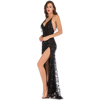 

Hot Sequin Backless Bandage Dress Bodycon Women Sexy Nightclub Party Long Dress Black Bandage Deep V Neck Dresses Vestidos