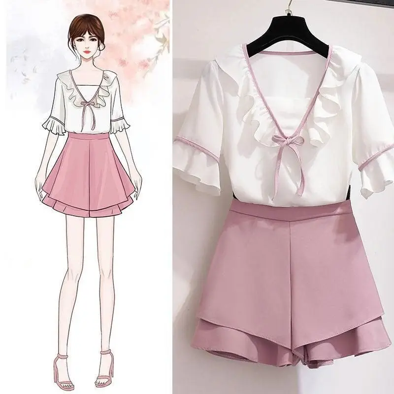 

Summer Women Fashion Casual Two Piece Set Female Shorts Skirt And Blouse Tops Tracksuit Lady Vintage Chiffon Suits Outfits F114