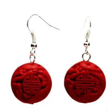 

Perfect Red Dragon Carved Cinnabar Earrings, Fashion Women's Carved Lacquerware Jewelry, 925 Silver Dangle Earring .C-34