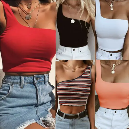 

Hot Women Fashion One Shoulder Crop Top Sleeveless Short Blouses Short Summer Beach Vest