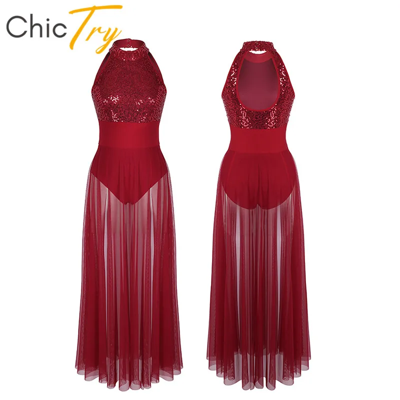 

ChicTry Women Halter Shiny Sequins Stage Lyrical Dance Costumes Ballet Leotard Adult Ballet Tutu Maxi Mesh Long Dress Dance Wear