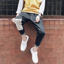 2017 Street style fashion vintage retro finishing water wash patchwork trousers applique denim skinny pants harem pants male