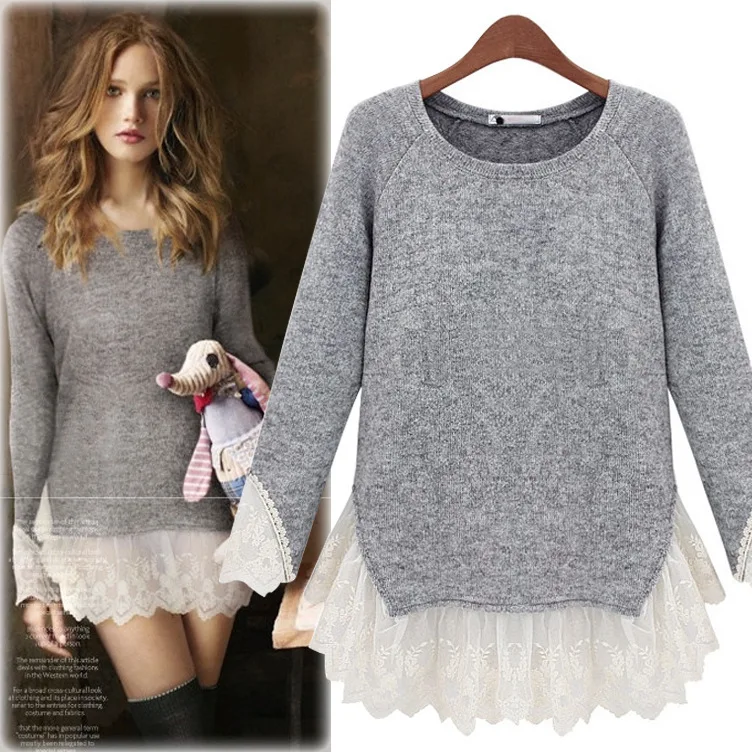 

2019 New Spring Lace Stitching Long-sleeved Knit Shirt Bottoming Wild T-shirt Round Collar Temperament