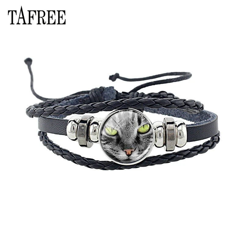 

TAFREE Gothic Cat Face Pattern Bracelet Weave Multilayer Leather Bracelet Bangle Men Women Fashion Accessories Jewelry JS50