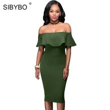 Sibybo Off Shoulder Short Sleeve Burgundy Ruffle Summer Dress 2017 Women Sexy Slim Bodycon Mini Evening Club Dresses