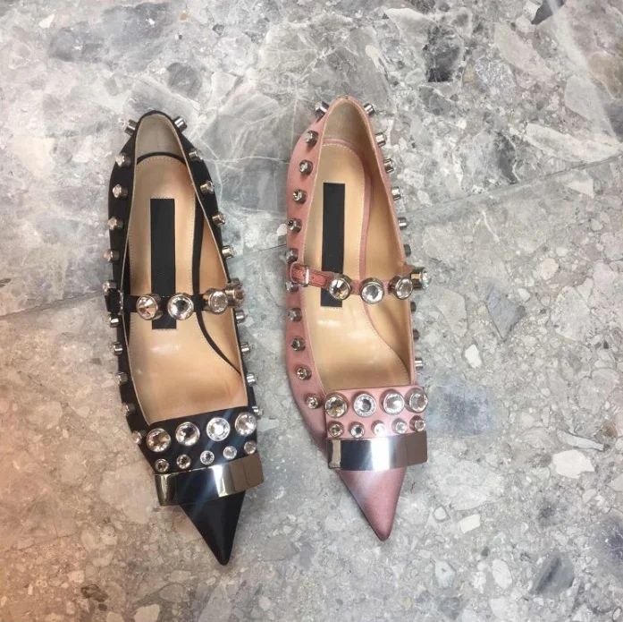 

2018 New Spring Summer Shoes Woman Pointed Toe Shallow Flats Metal Decor Crystal Tide Flats Designer Silk Upper Woman Flats