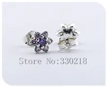 Compatible con Pandora joyería Forget Me Not pendientes de plata con púrpura y Clear CZ 925 joyería de plata DIY