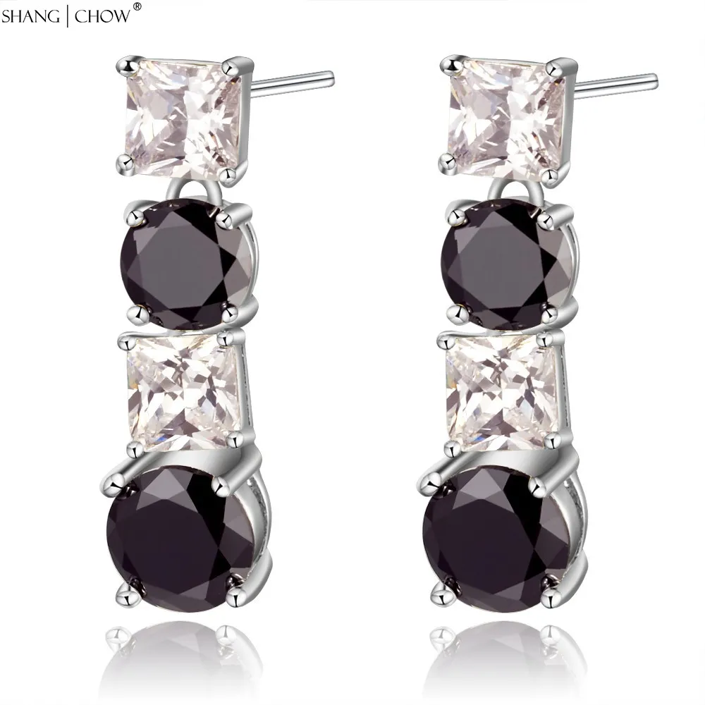 

2018 New Fashion At ball in a shiny Jewelry Black Onyx & White Crystal stone 925 Sterling Silver Dangle Earrings E0431