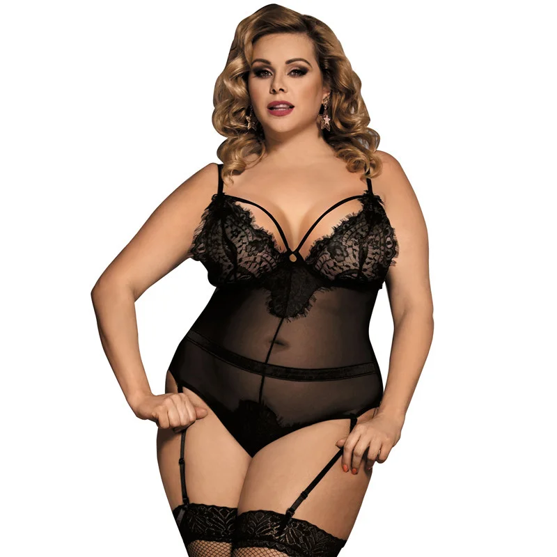 

Sexy Lingerie Black Eyelash Lace Teddy Lingerie Plus Size 5XL Hot Floral See Through Erotic Women Body Suit With Garter RS80266