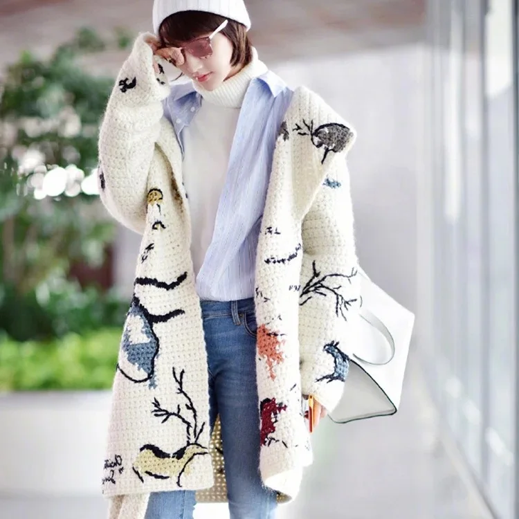 

women sweater coat print long hooded collar full sleeve sweet cardigans casual knitted 2018 autumn winters female loose