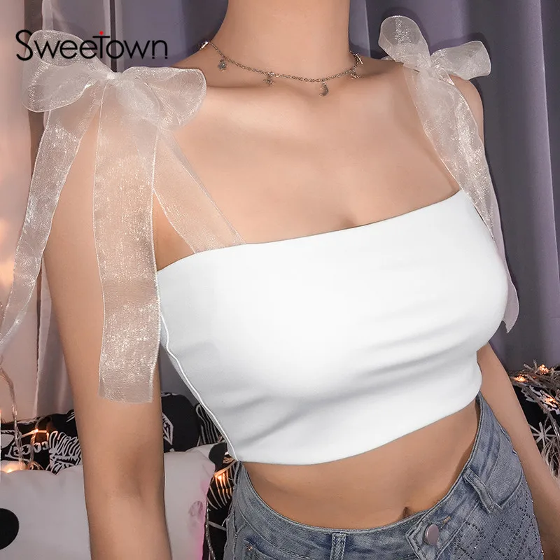 

Sweetown White Summer Harajuku Kawaii Bralette Crop Top Shirt Women Sexy Mesh Bow-Knot Spaghetti Strap Cropped Feminino Cami Top