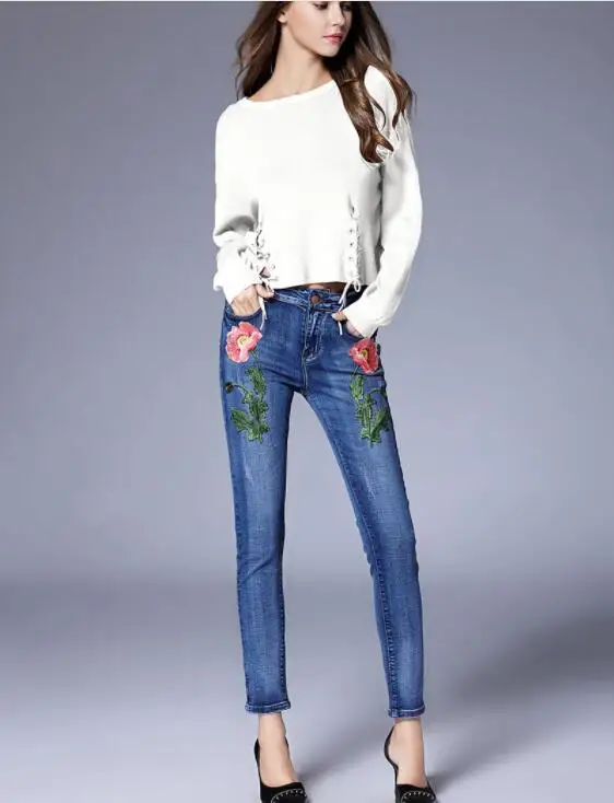 

2017 big trend women heavy industry fine embroidery floral pure cotton stretch pants female casual slim jeans pants